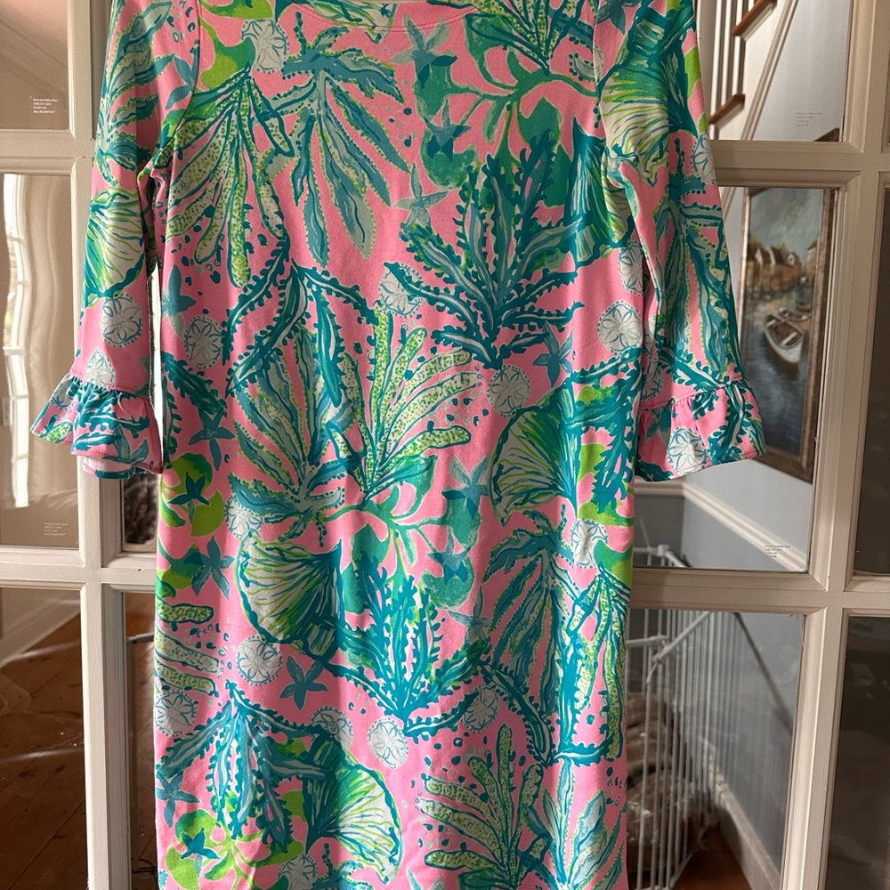 Lilly Pulitzer Girls XL 12-14 Pink Blue Green Ruffle Sleeve Dress